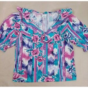 Vintage 90s Romantic Floral Ruffle Shirt USA Pink Teal Retro Blouse Women Sm
